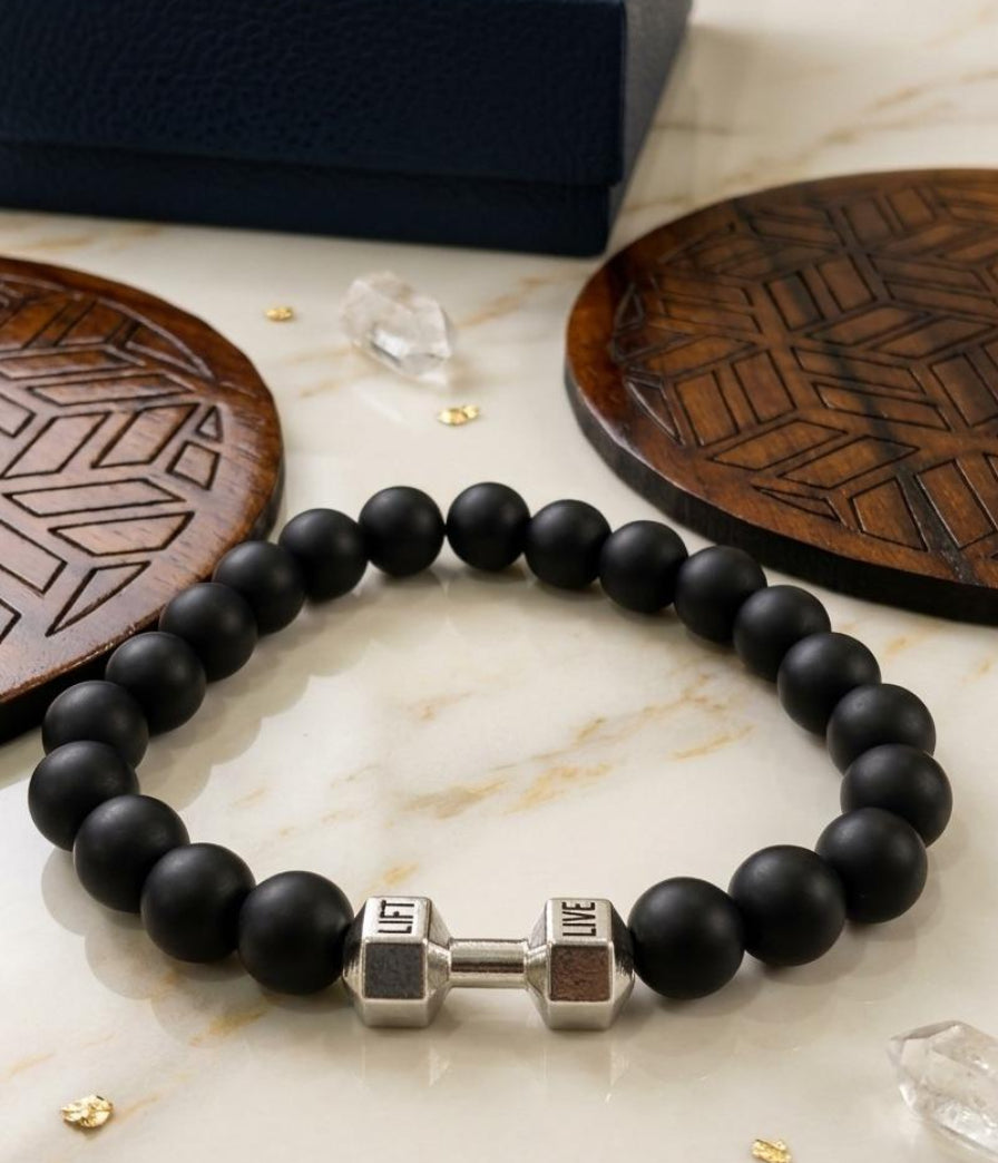 Fitness-themed dumbbell charm beaded bracelet,