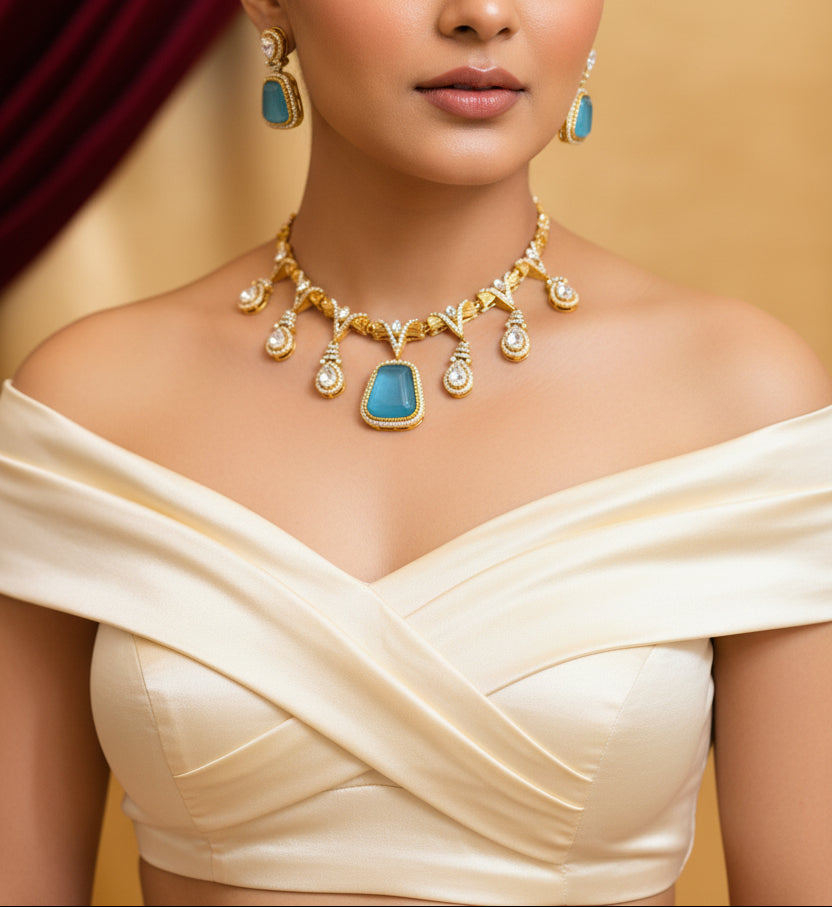 Aqua blue stone with polki stone brass necklace
