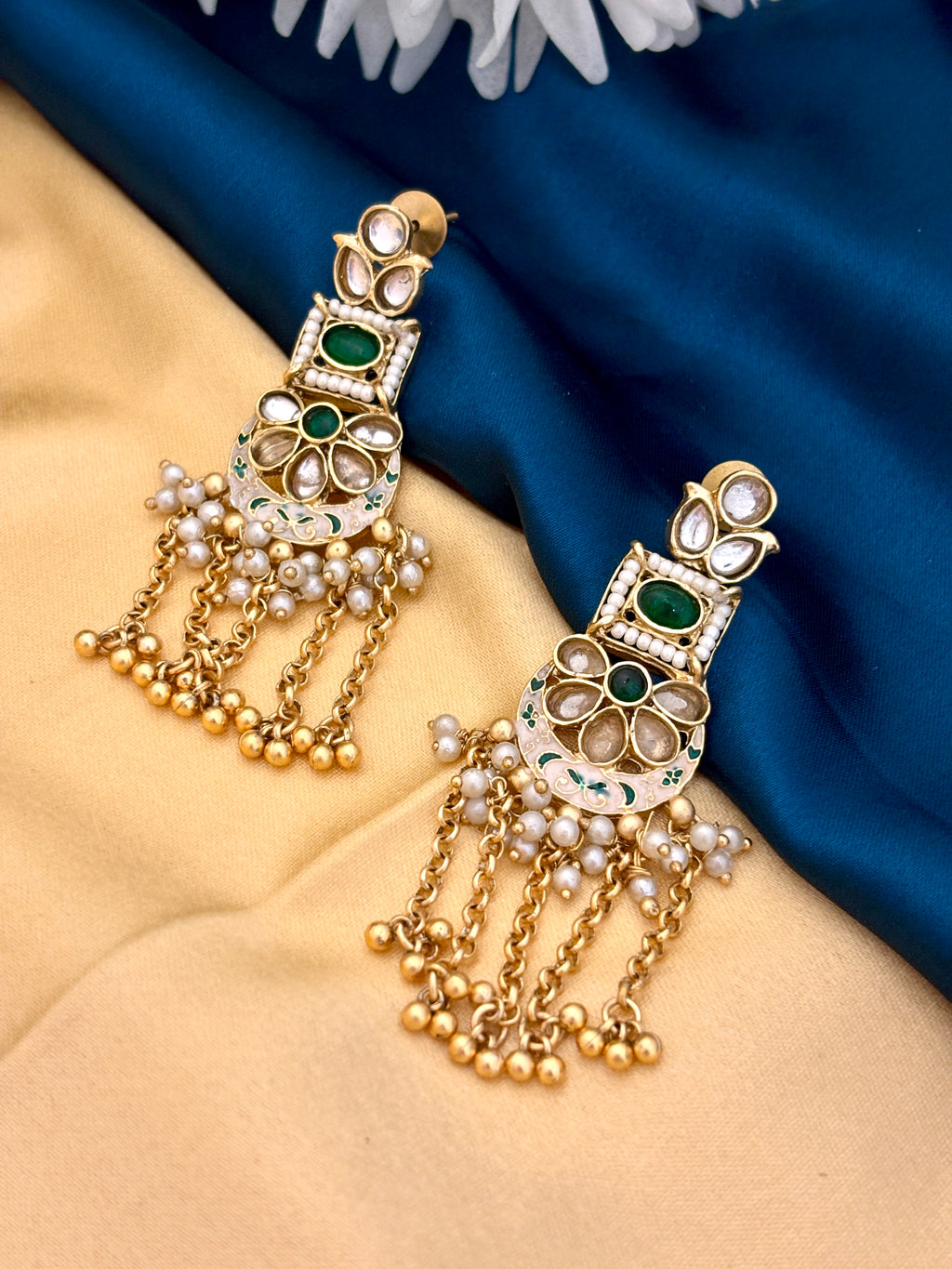 Meenakari & Emerald  Kundan Jhumka Drop Earrings