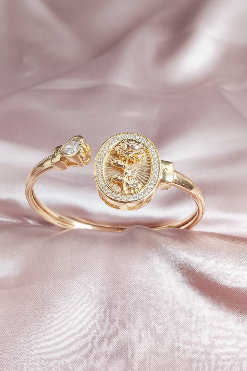 Gold-Plated Virgin Mary Oval Medallion Bangle with Cubic Zirconia Border