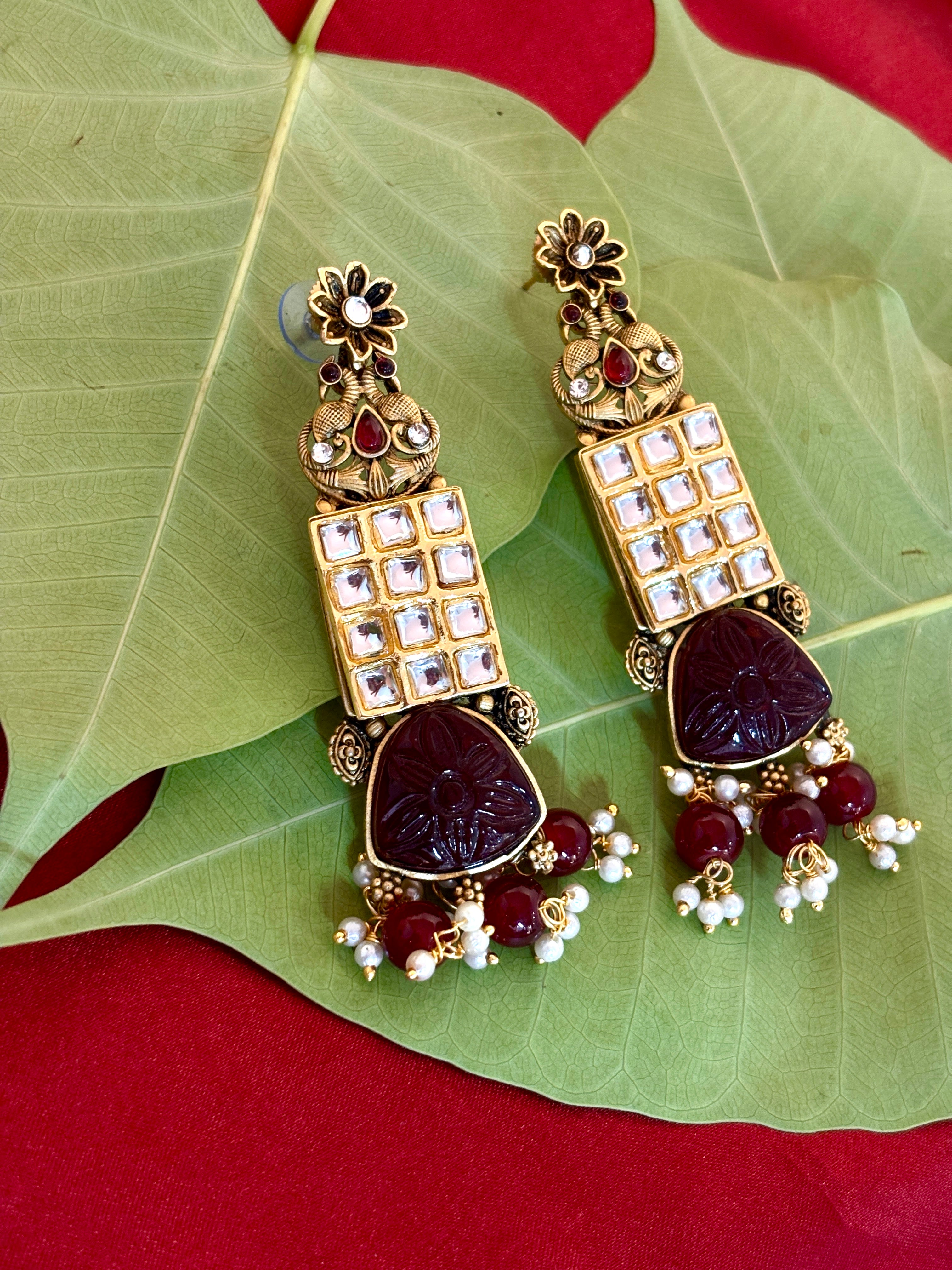 Antique Gold Royal Maroon Carved Drop Earrings