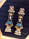 Gold-Plated Kashmiri Long Jhumka Earrings with Monalisa Stone & Pearl Drop Tassels