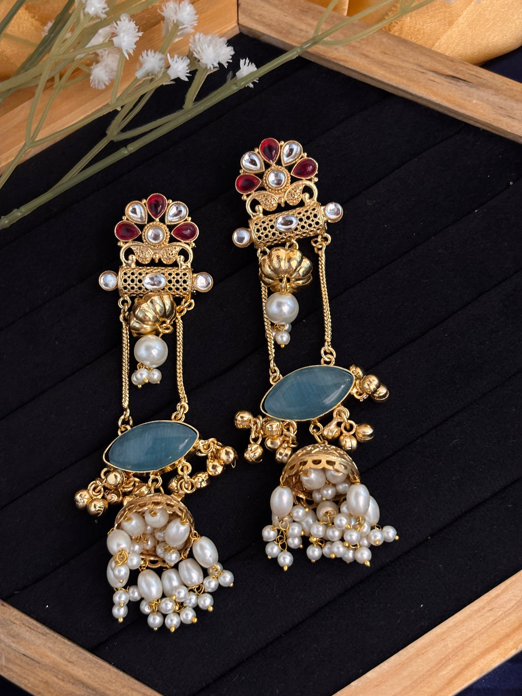 Gold-Plated Kashmiri Long Jhumka Earrings with Monalisa Stone & Pearl Drop Tassels
