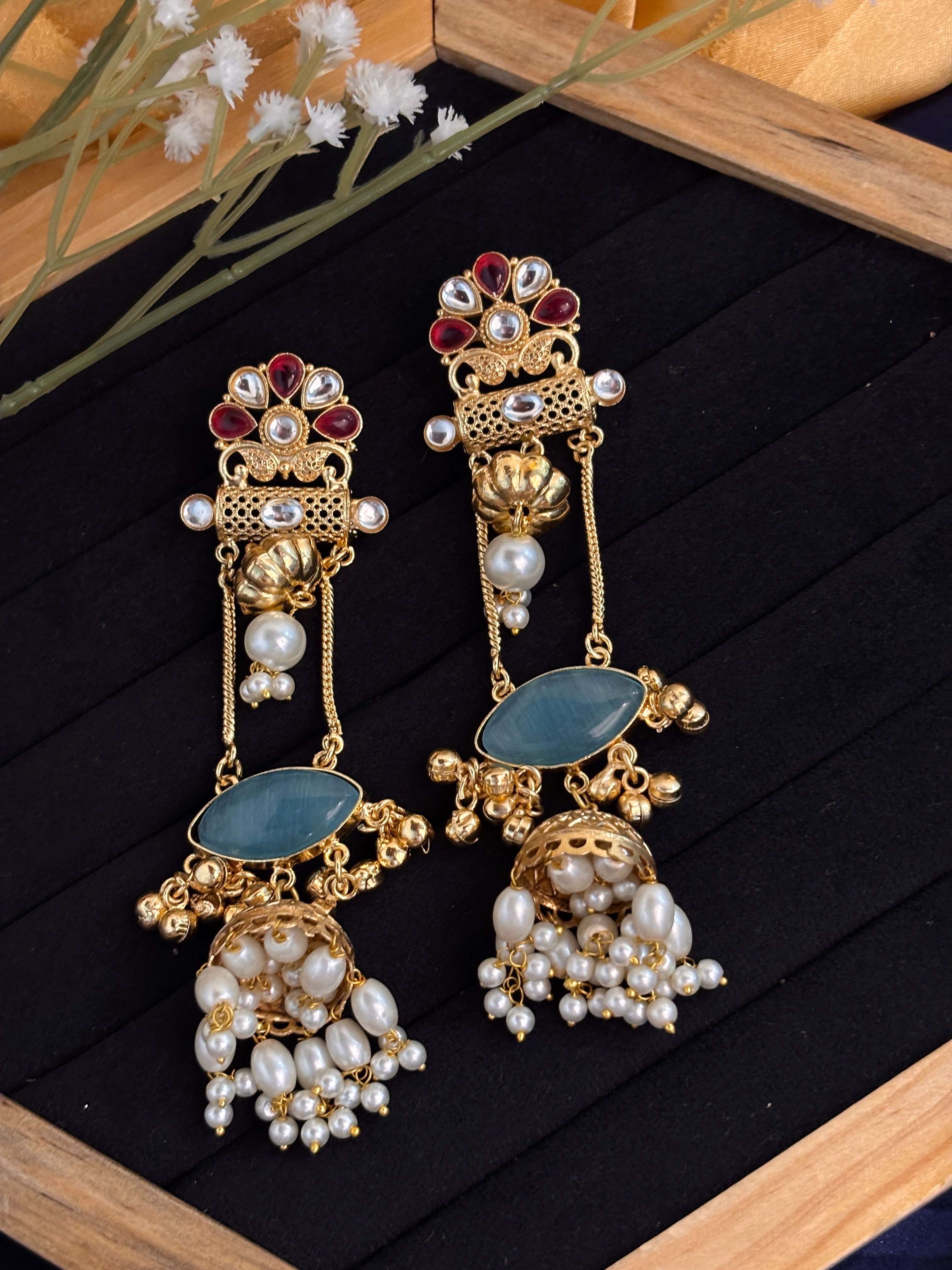 Gold-Plated Kashmiri Long Jhumka Earrings with Monalisa Stone & Pearl Drop Tassels