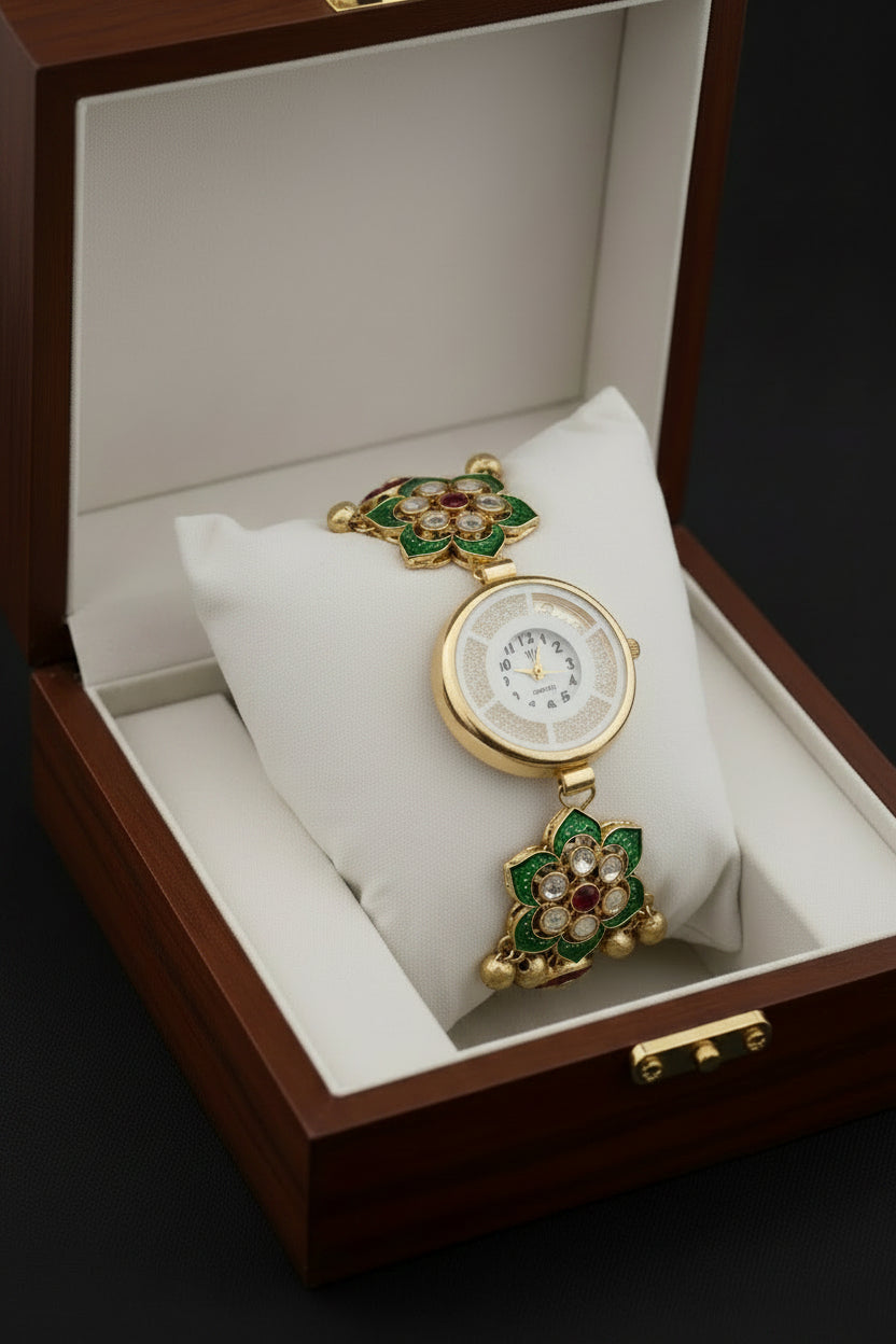 Kashmiri Meenakari  Circle Green Floral Bracelet Watch