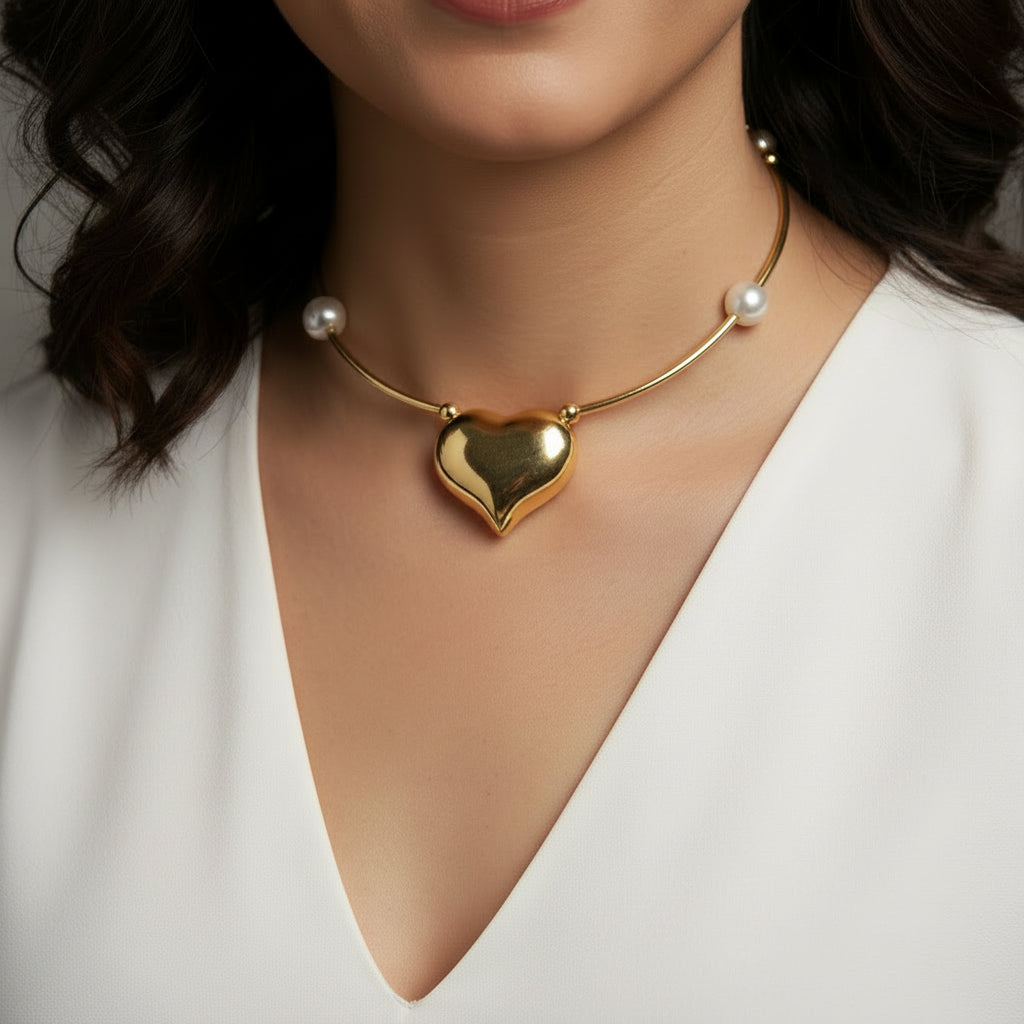 Baroque Pearl & Puffed Heart Necklace.