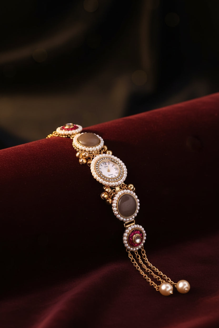 Kashmiri Kundan & Pearl Bracelet Watch(gray)