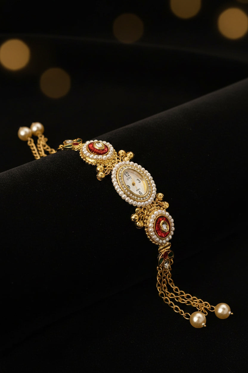 Traditional Kashmiri Kundan & Meenakari Oval Bracelet Watch,