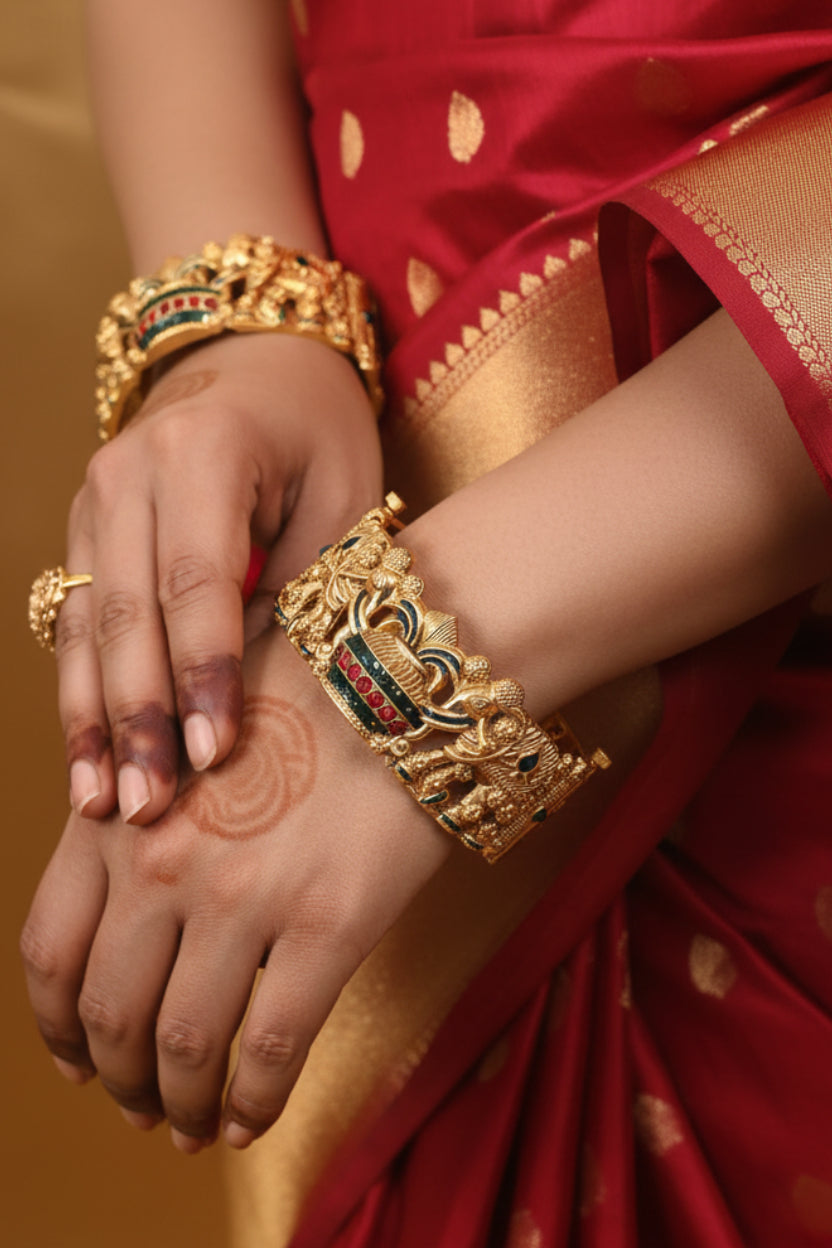 Traditional Rajwadi Matte Gold-Plated Bridal Kada Set