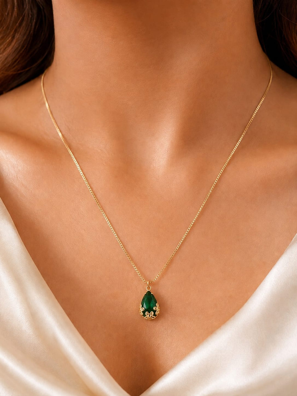 Gold-plated faux emerald teardrop pendant necklace