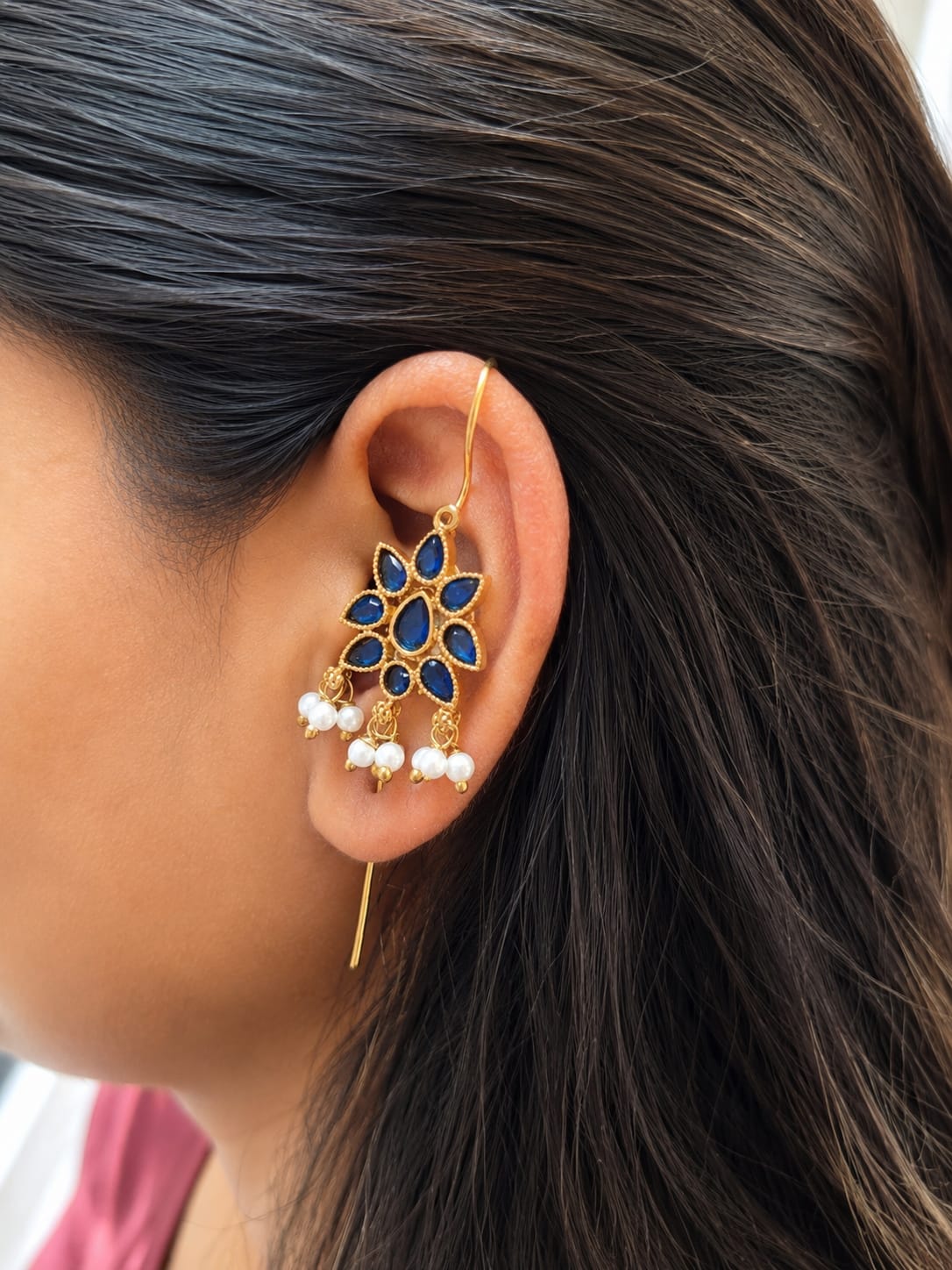 Royal Blue Kundan Floral Full-Ear Wrap Cuff