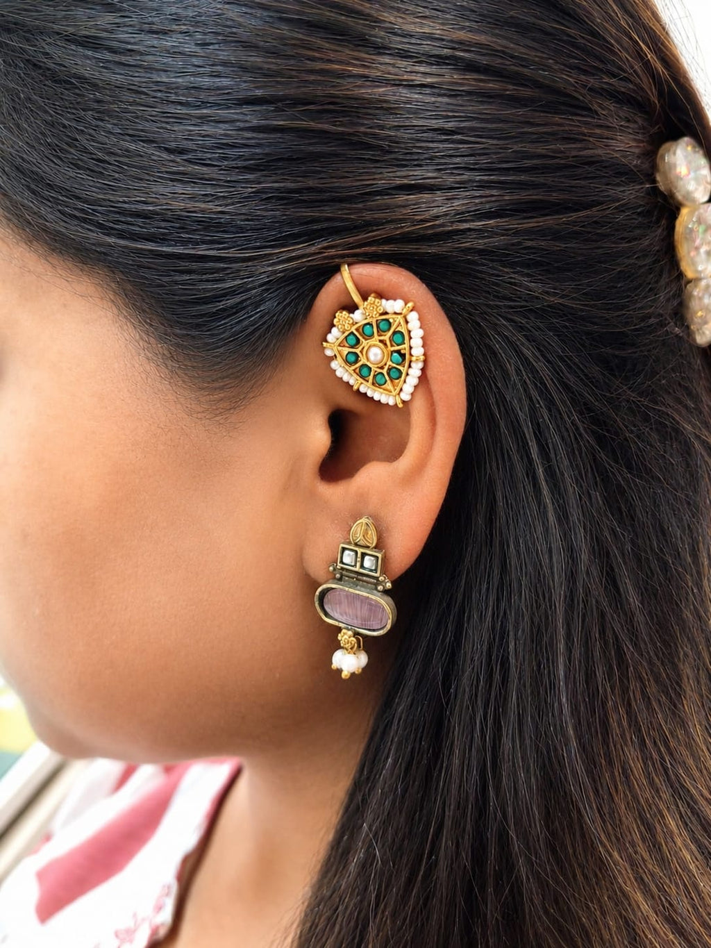 Traditional Gold-Plated Triangular Kundan Bugadi Ear Cuff (Non-Piercing Clip-On)