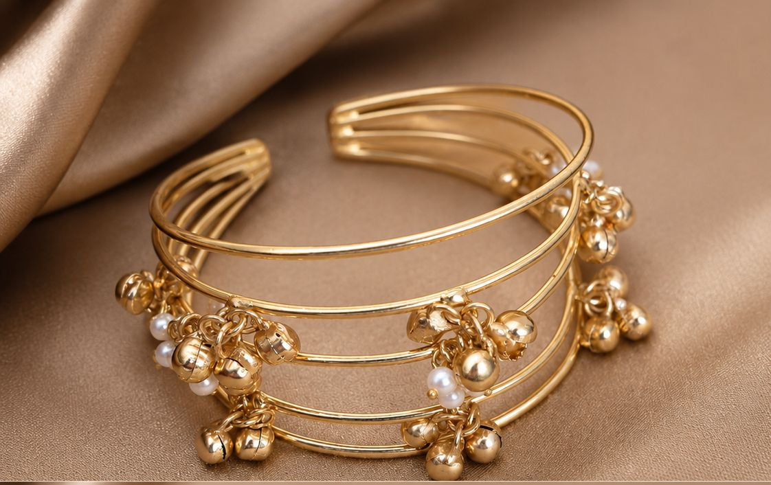 Traditional Kashmiri-inspired Multi-Layer Ghungroo Cuff Bracelet
