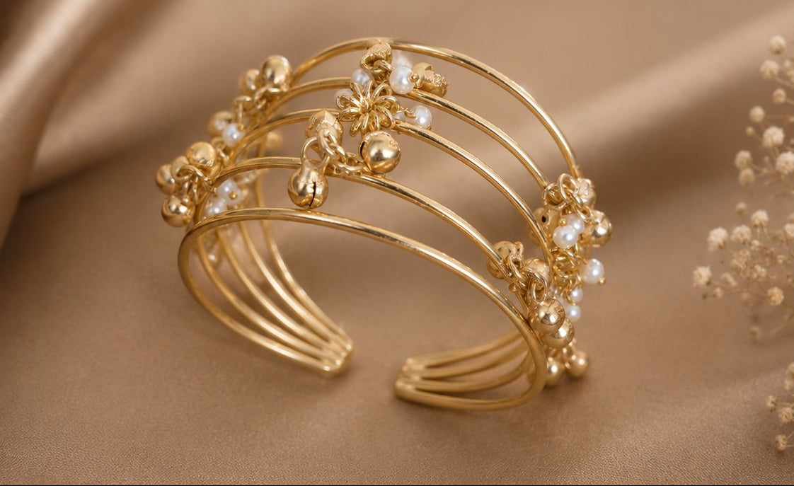 Traditional Kashmiri-inspired Multi-Layer Ghungroo Cuff Bracelet