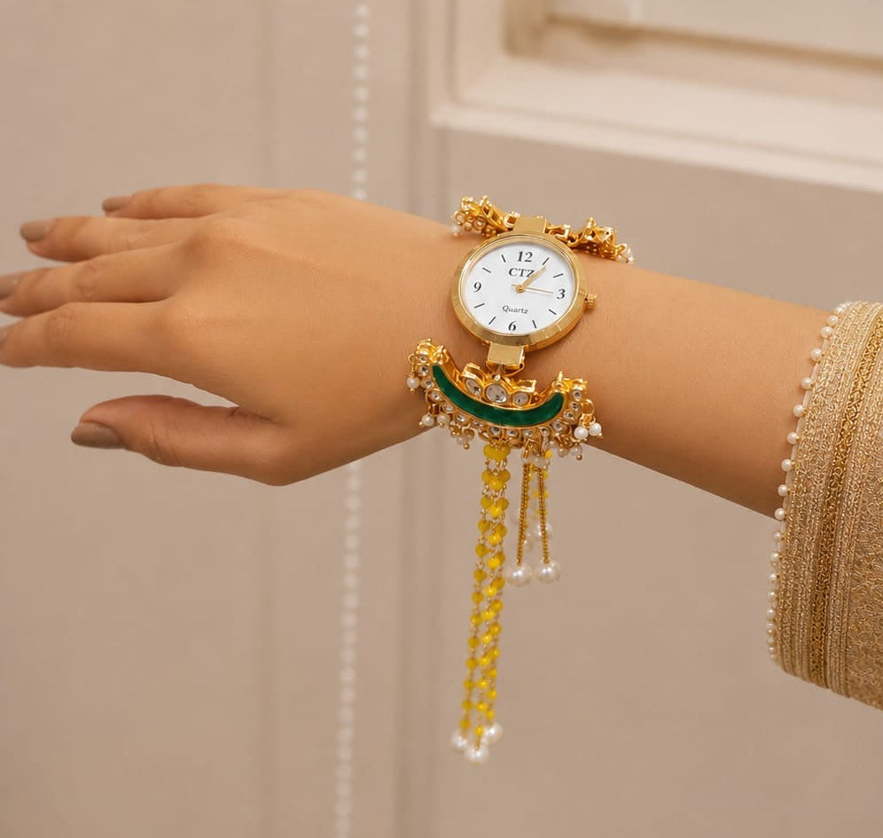 Kashmiri Kundan Moon Watch Bracelet