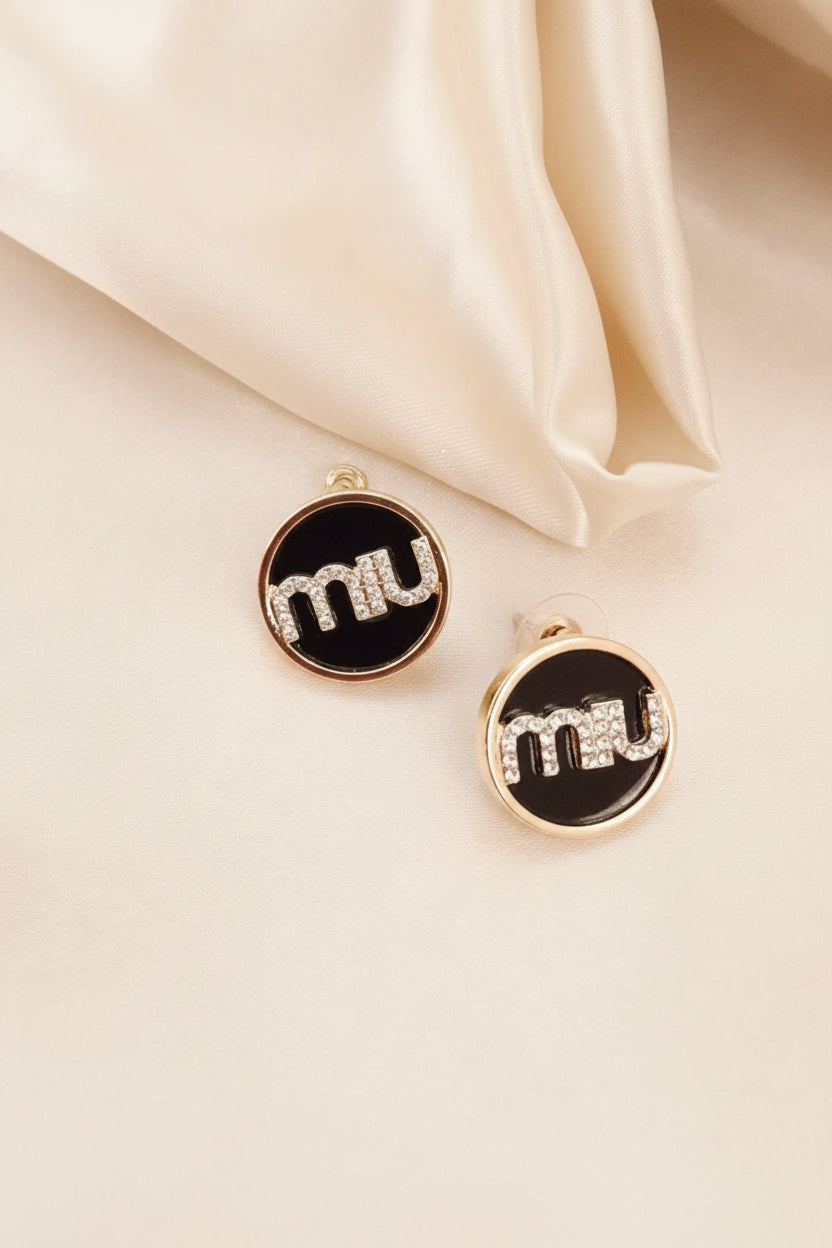 Gold-Plated Black Enamel Logo Stud Earrings