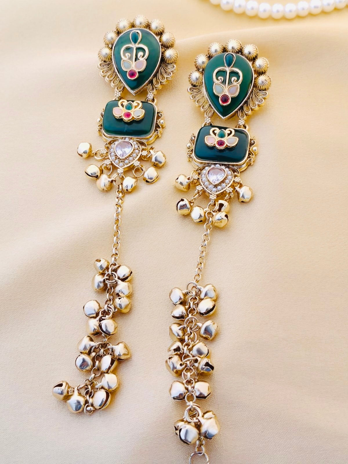 Royal Green Kashmiri Meenakari long drop earrings