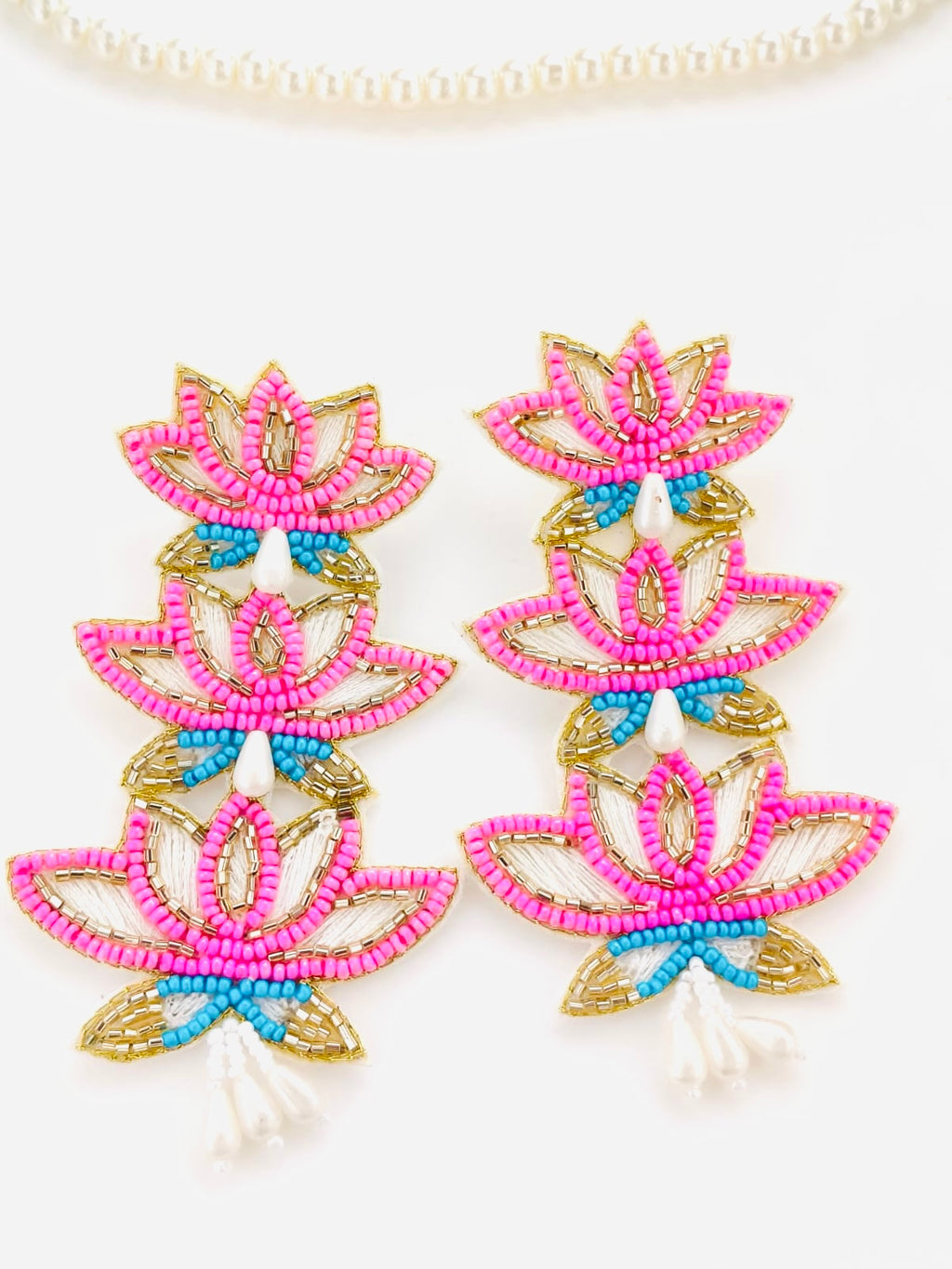 Handmade Three-Tier Beaded Lotus Statement Earrings