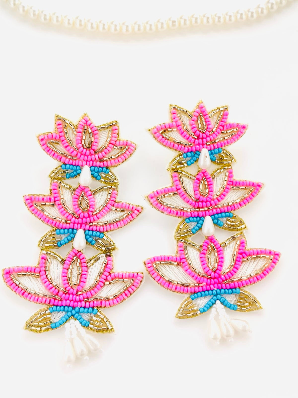 Handmade Three-Tier Beaded Lotus Statement Earrings