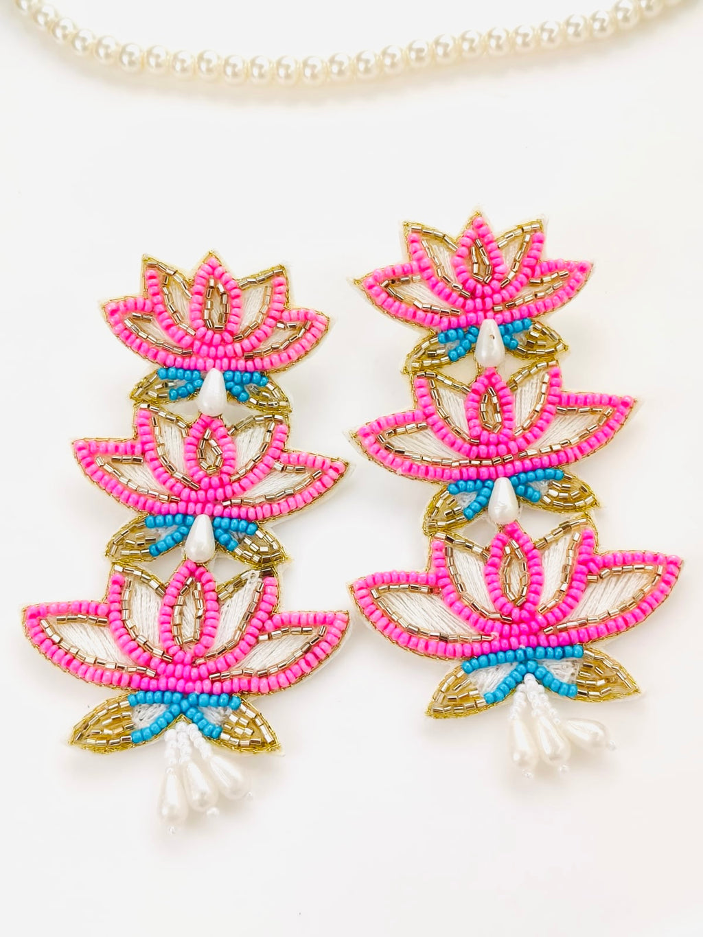 Handmade Three-Tier Beaded Lotus Statement Earrings
