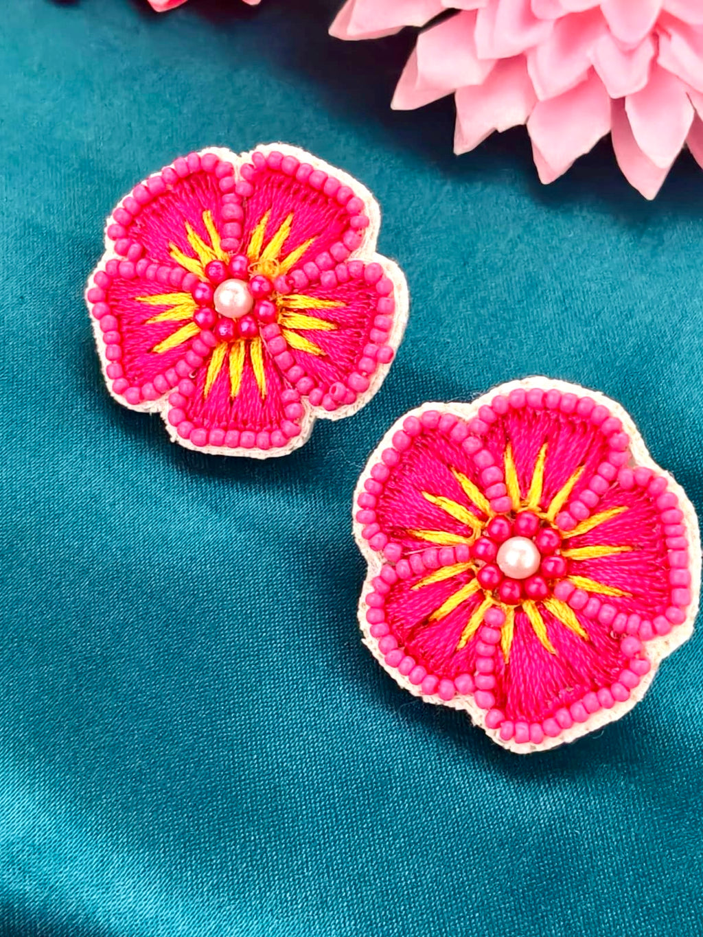Handcrafted floral embroidered stud earrings