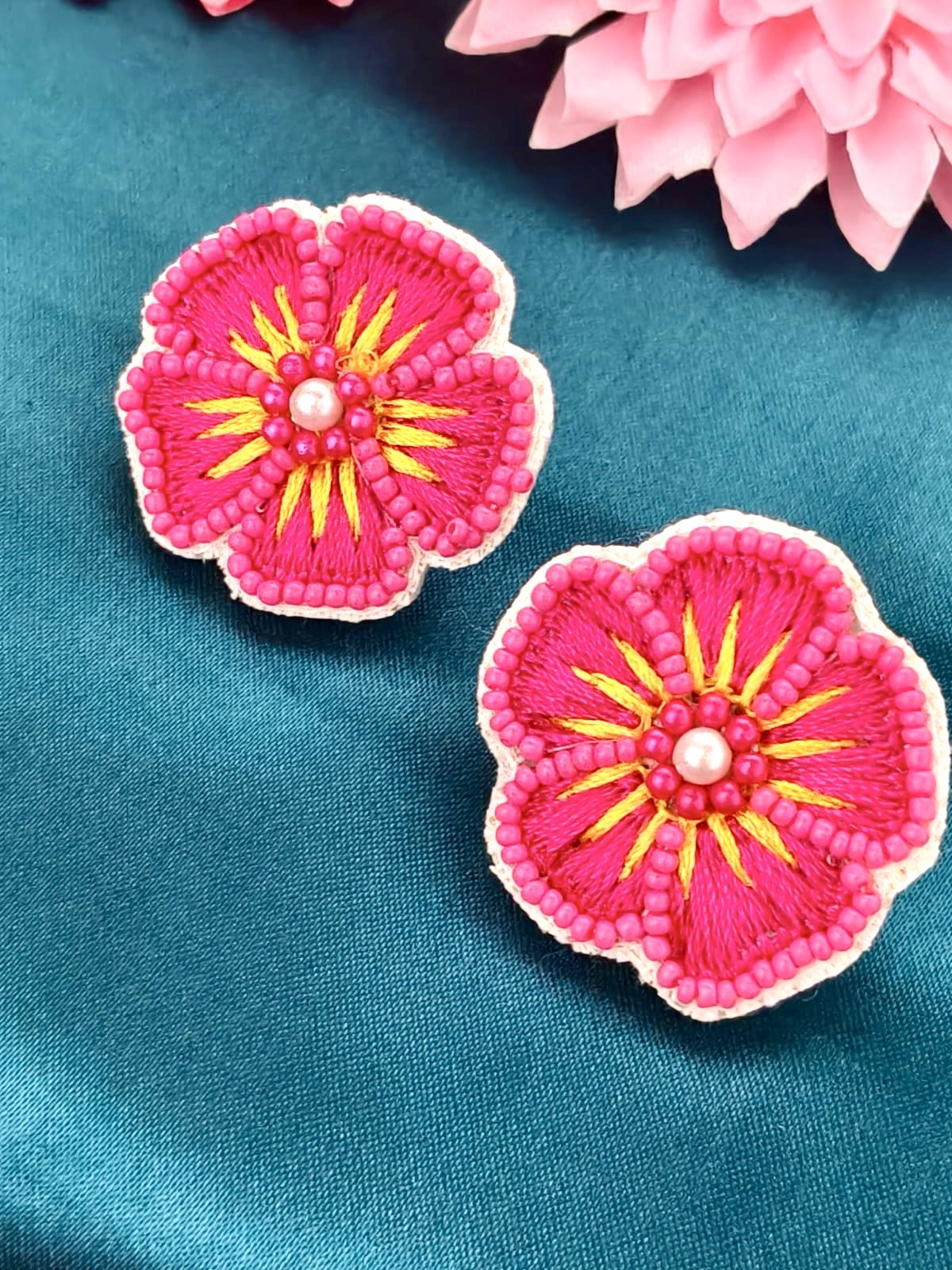 Handcrafted floral embroidered stud earrings