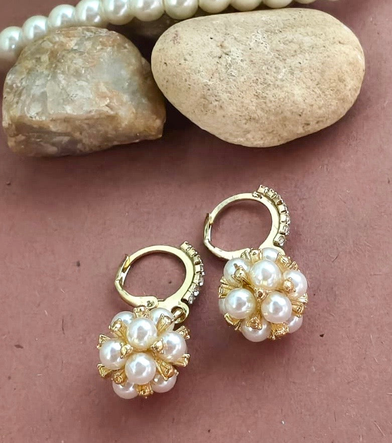 Celestial Pearl Bouquet Gold Huggie Drop Earrings