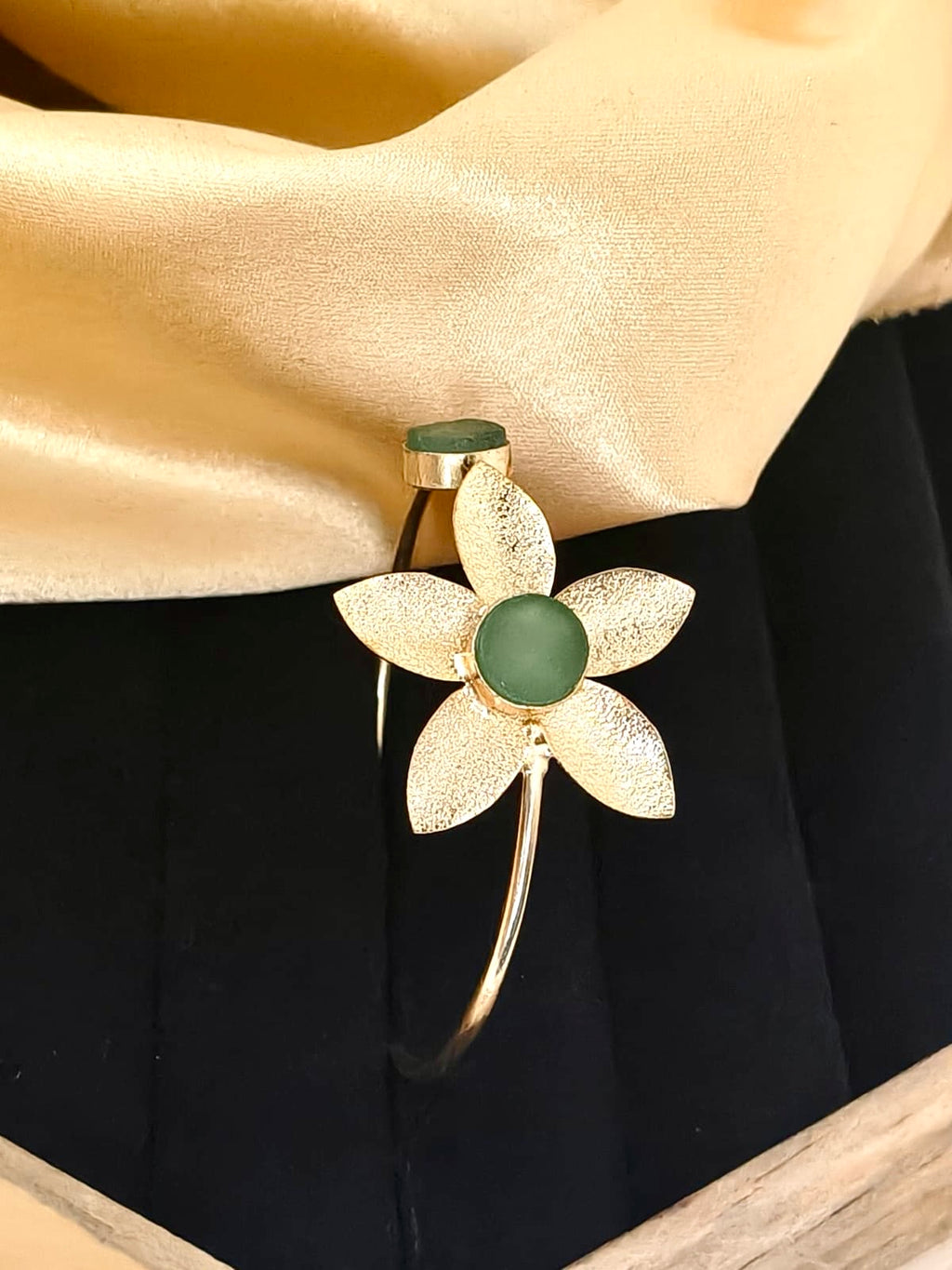Gold-Plated Textured Floral Open Cuff Bracelet with Matte Stone