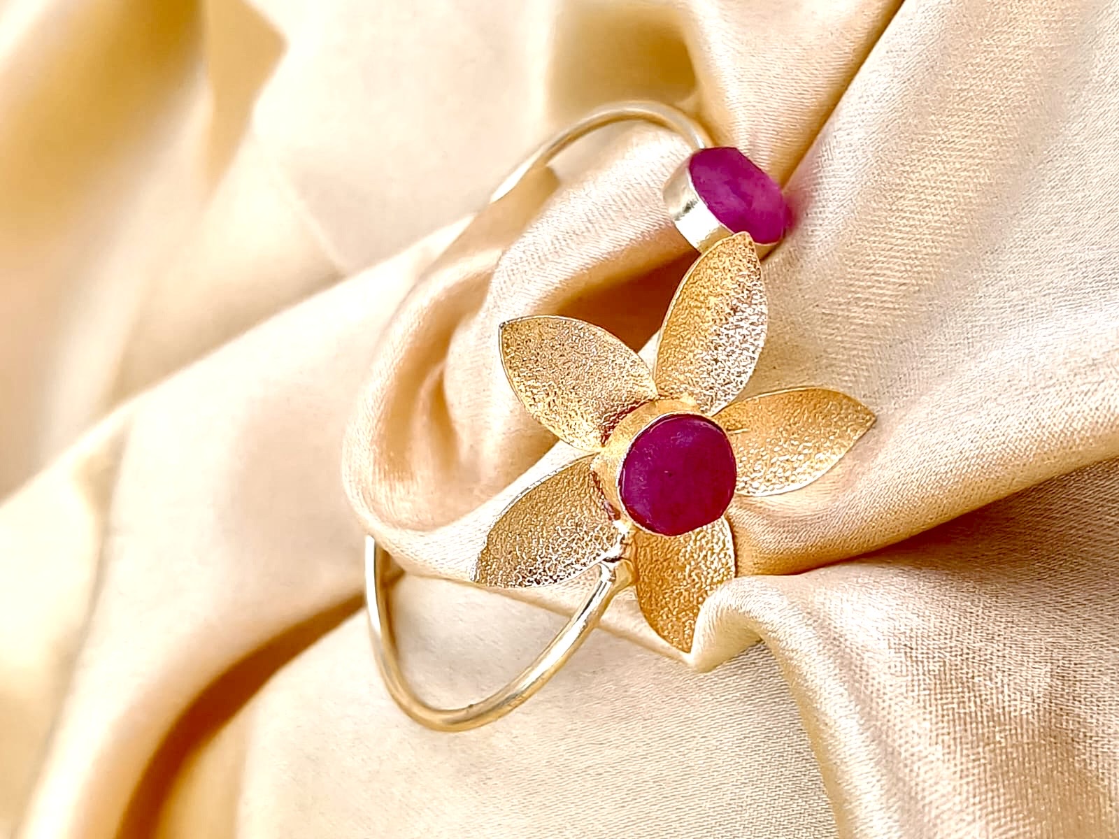 Gold-Plated Textured Floral Open Cuff Bracelet with Matte Stone