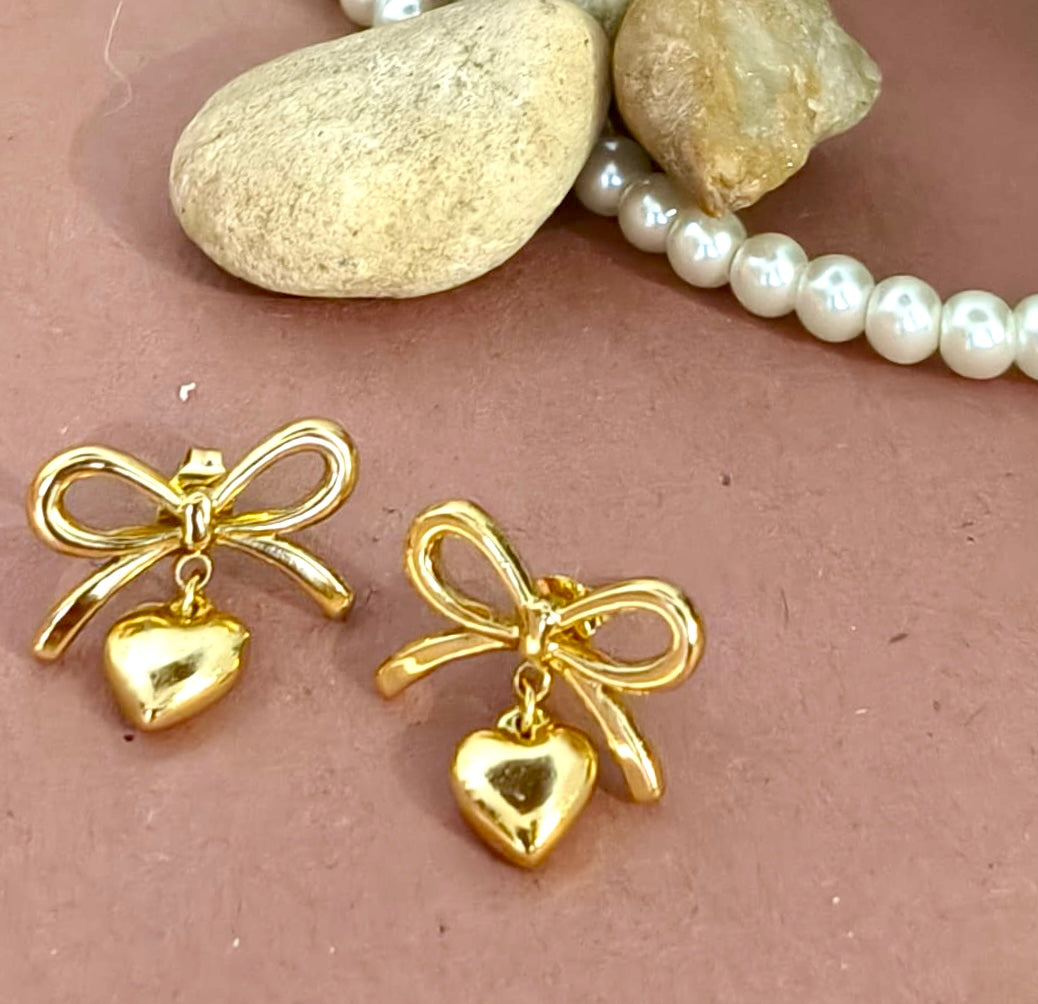 Golden Bow & Heart Charm Drop Studs