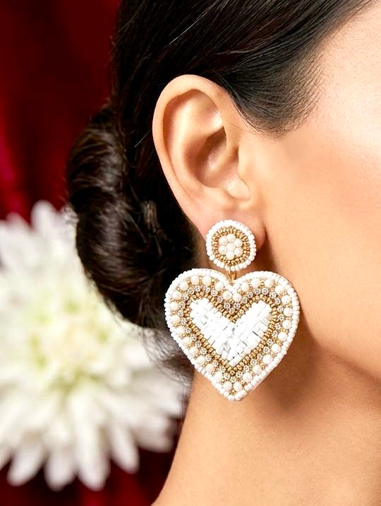 Handmade Beaded Heart Statement Earrings