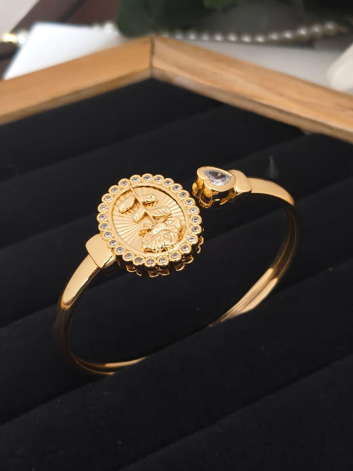 Gold-Plated Virgin Mary Oval Medallion Bangle with Cubic Zirconia Border