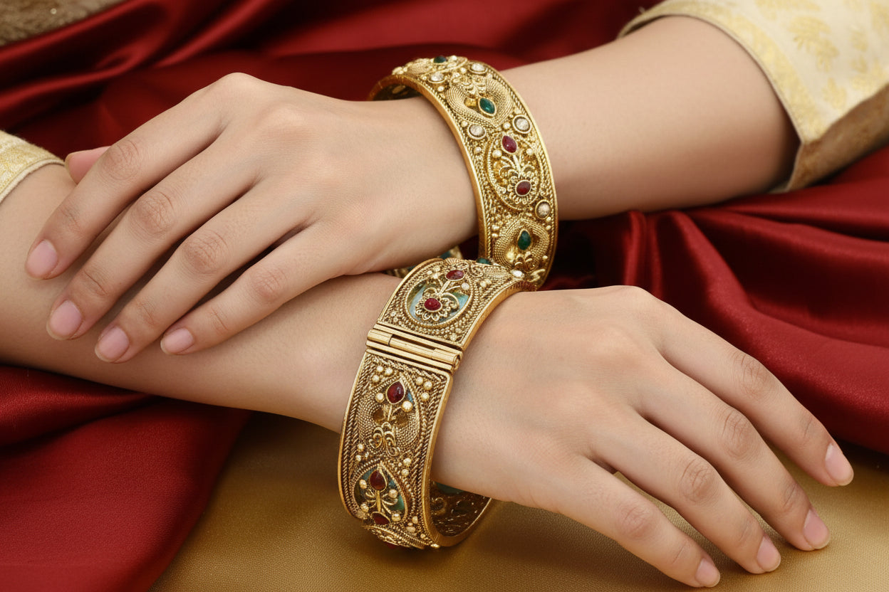 Royal Pota Stone Antique Gold-Plated Kada Bangles,