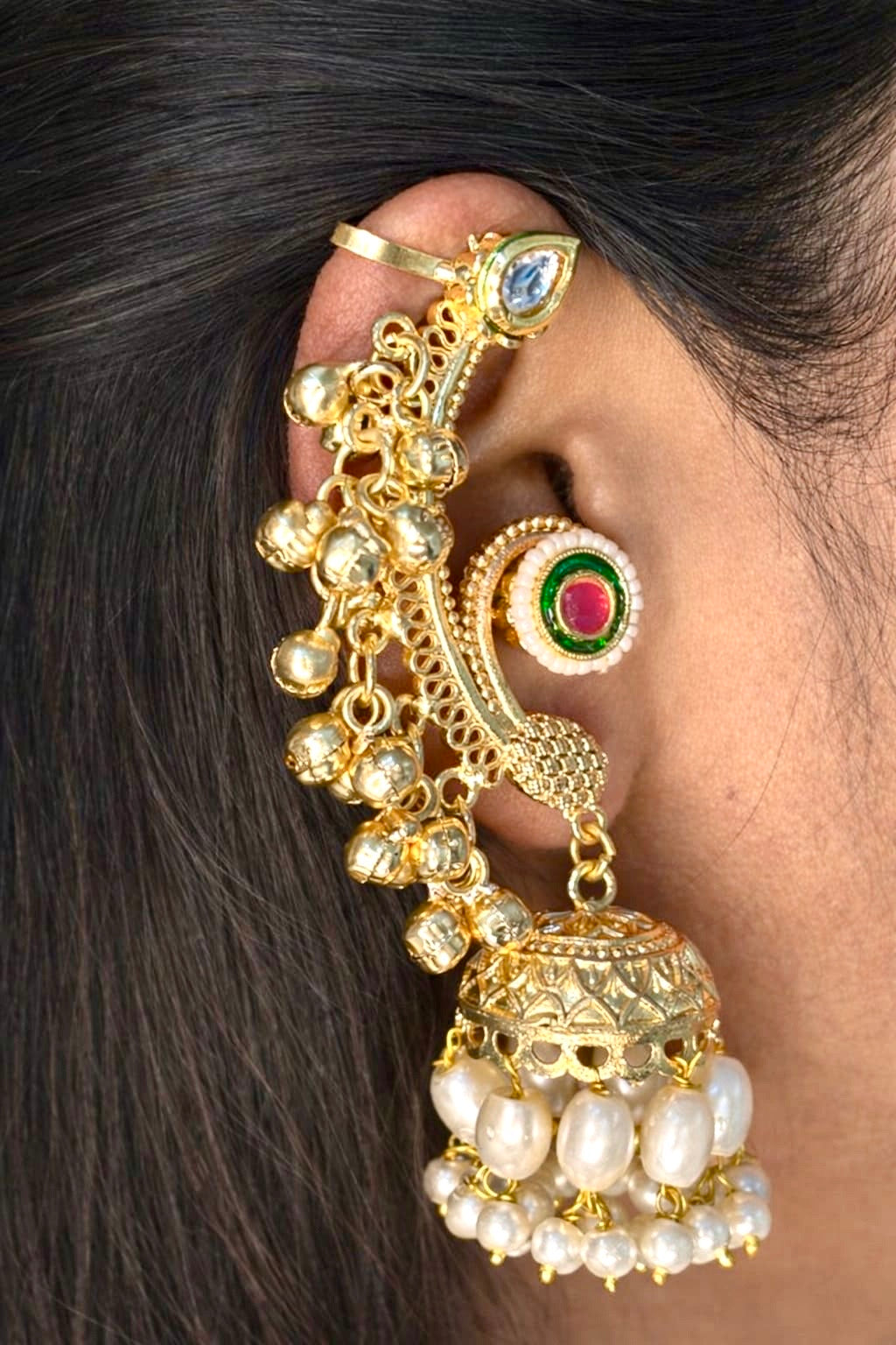 Crescent Ear-Cuff with pearl drop Jhumka Earrings