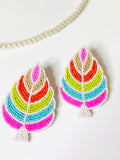 Handmade multi-color palm leaf beaded statement earrings.
