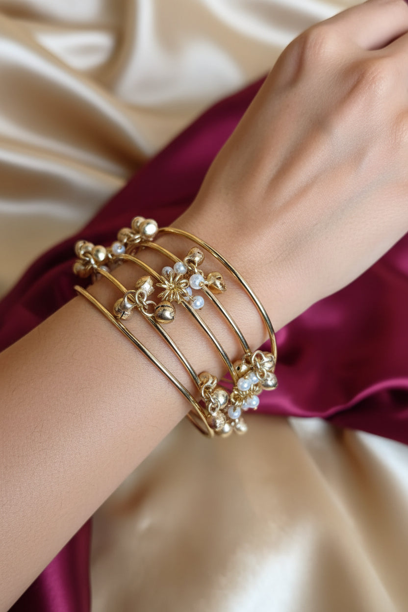 Traditional Kashmiri-inspired Multi-Layer Ghungroo Cuff Bracelet