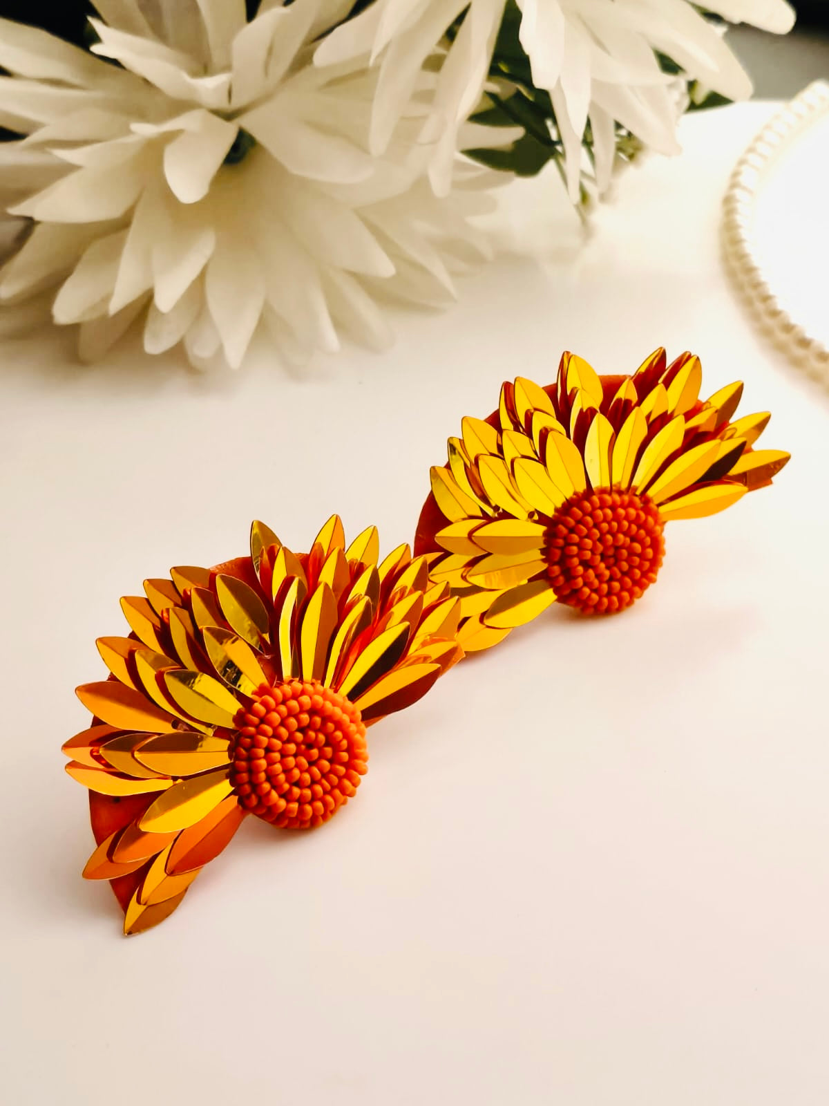 Metallic Amber Sunflower Statement Stud Earrings