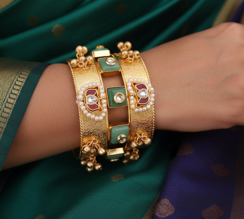 Gold-Plated Rajwadi Kada Open Cuff Bracelet with Kundan, Pearls, and Mint Green Stones