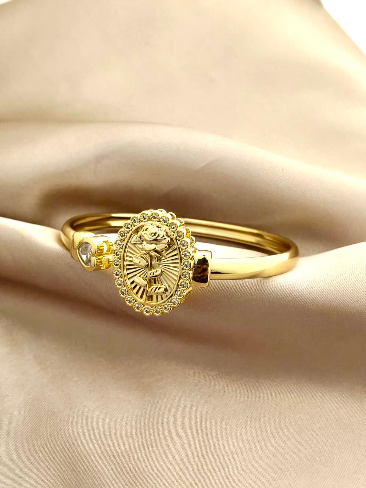 Gold-Plated Virgin Mary Oval Medallion Bangle with Cubic Zirconia Border