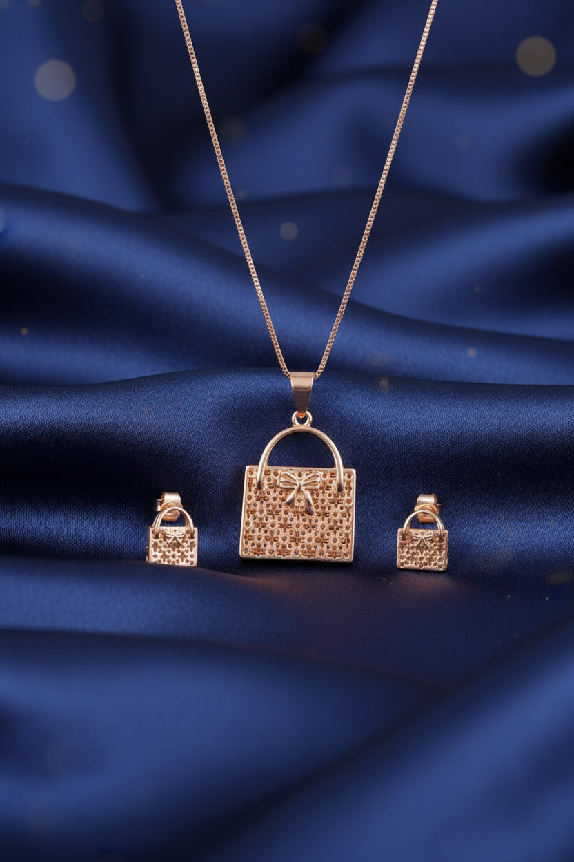 Rose Gold Handbag Pendant Necklace and Earrings Set