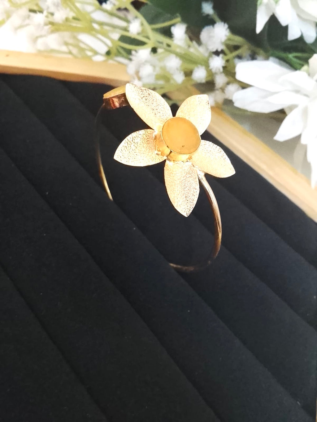 Gold-Plated Textured Floral Open Cuff Bracelet with Matte Stone