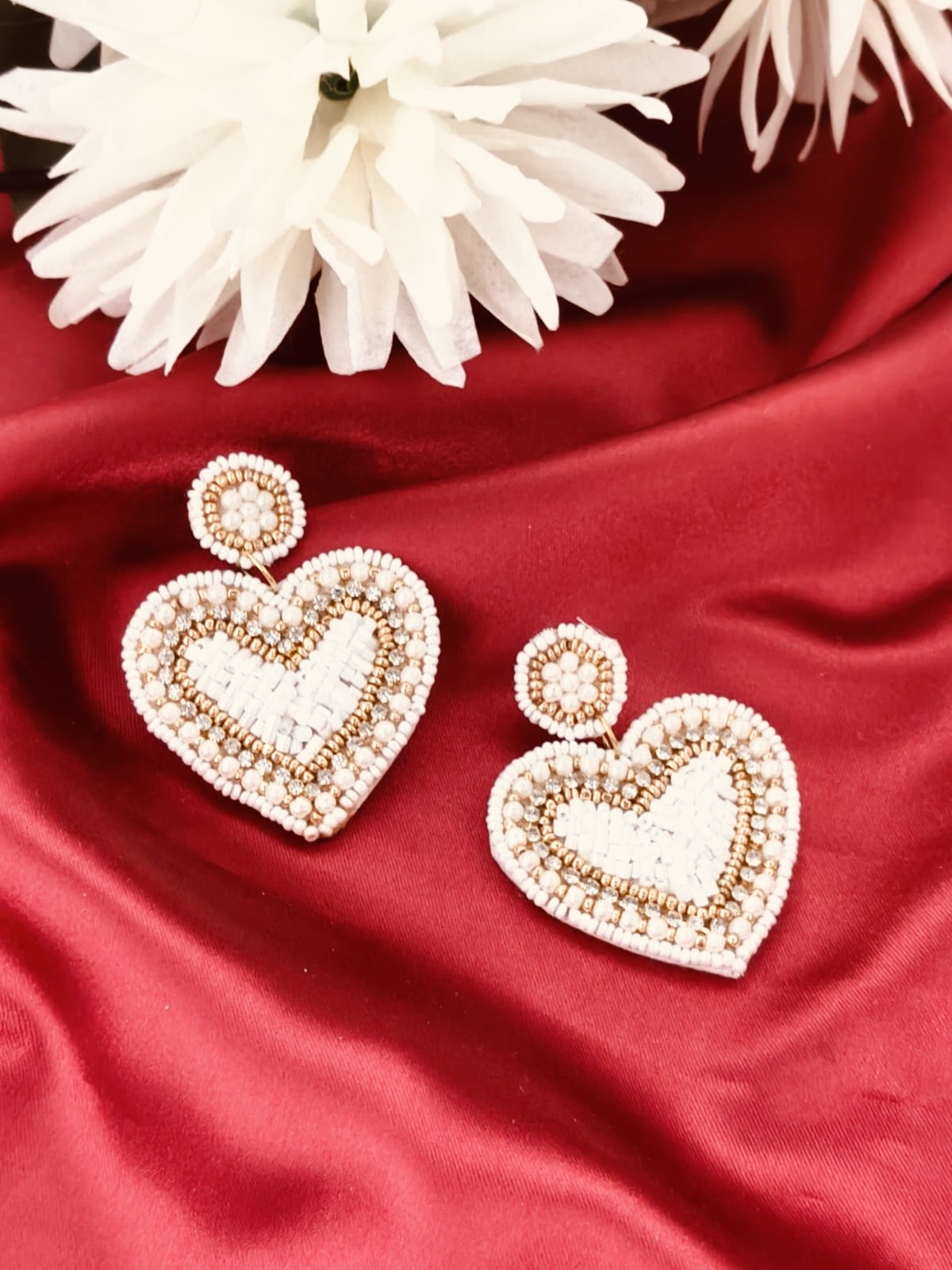 Handmade Beaded Heart Statement Earrings
