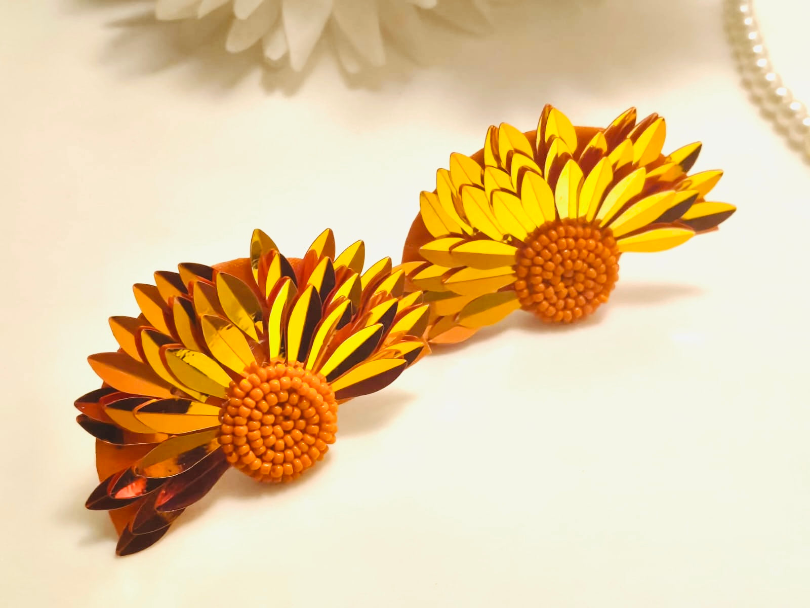 Metallic Amber Sunflower Statement Stud Earrings