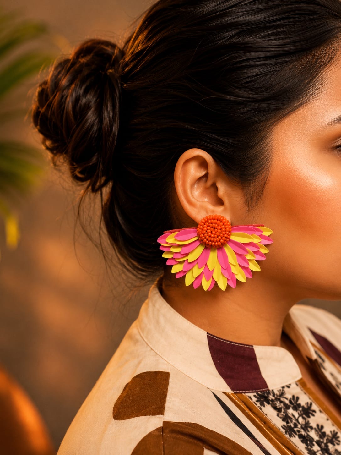 Floral Statement Stud Pink and Yellow Earrings