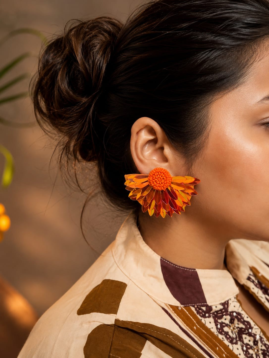 Metallic Amber Sunflower Statement Stud Earrings