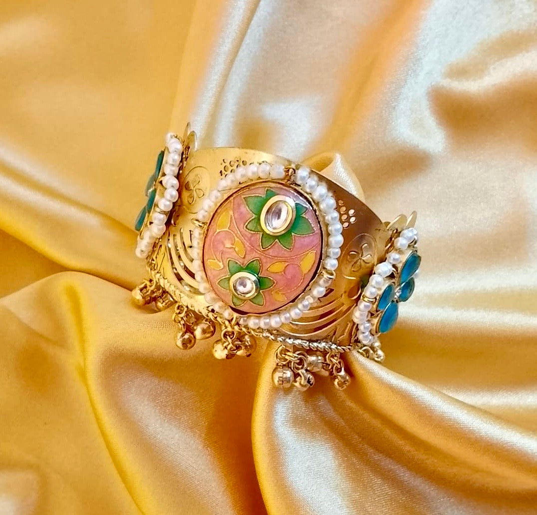 Gold-Plated Handcrafted Meenakari Cuff Bracelet with Pearl Border and Ghungroo Tassels