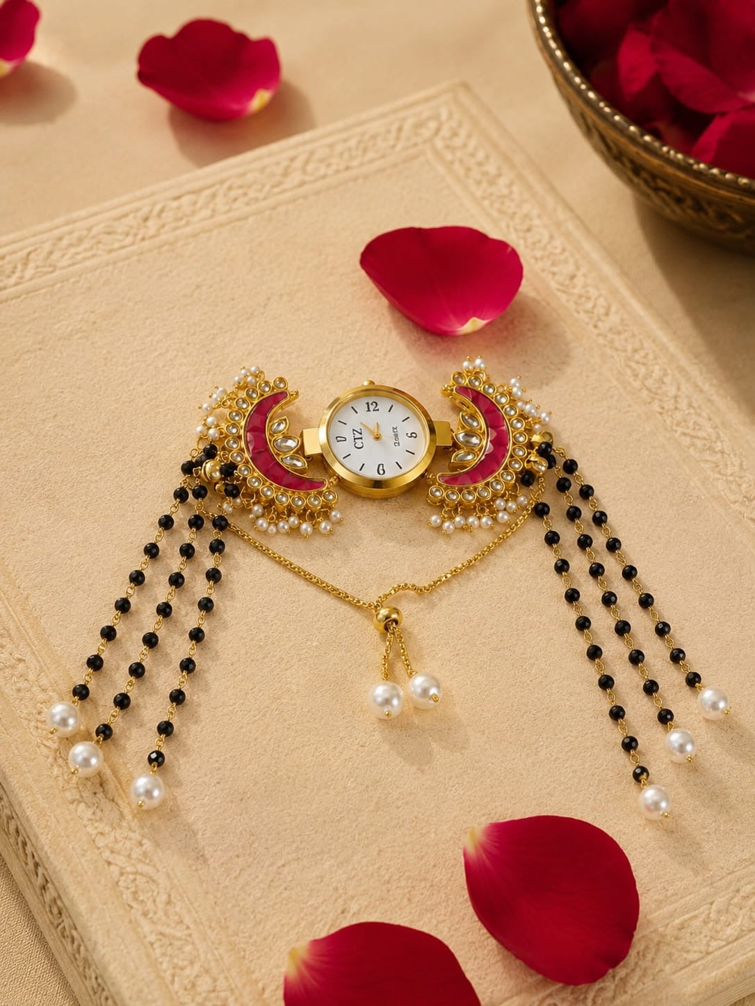Kashmiri Kundan Moon Watch Bracelet