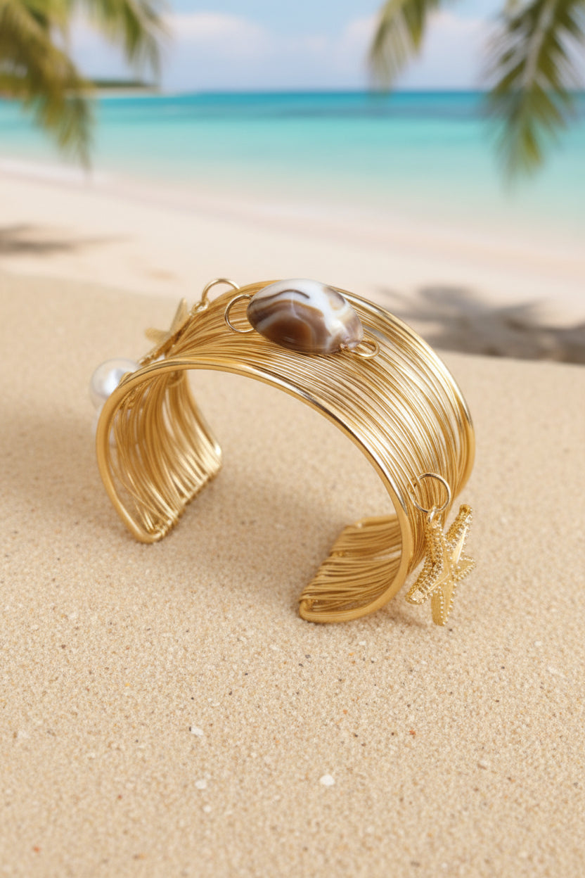 Multi Wired Shell And Starfish Charm Cuff Bracelet