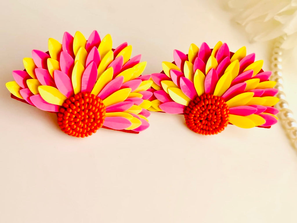Floral Statement Stud Pink and Yellow Earrings