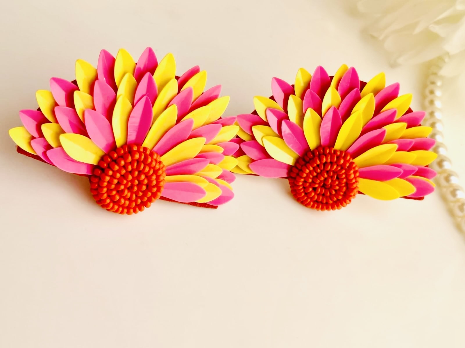 Floral Statement Stud Pink and Yellow Earrings